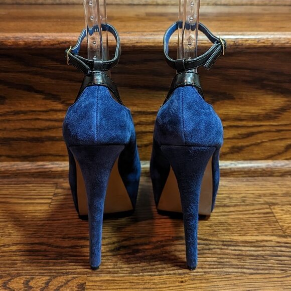 H by Halston Size 6M Blue Suede Platform Stilletto High Heels Black Leather t… - Picture 4 of 8